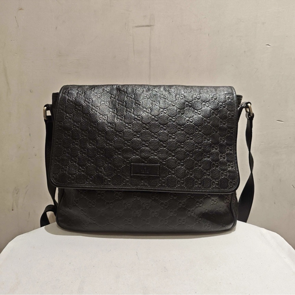 Gucci Black Embossed Leather Messenger Bag